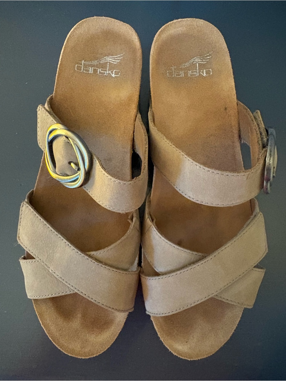 Dansko Women's Tan Suede Crisscross Slide Sandals with Decorative Buckle